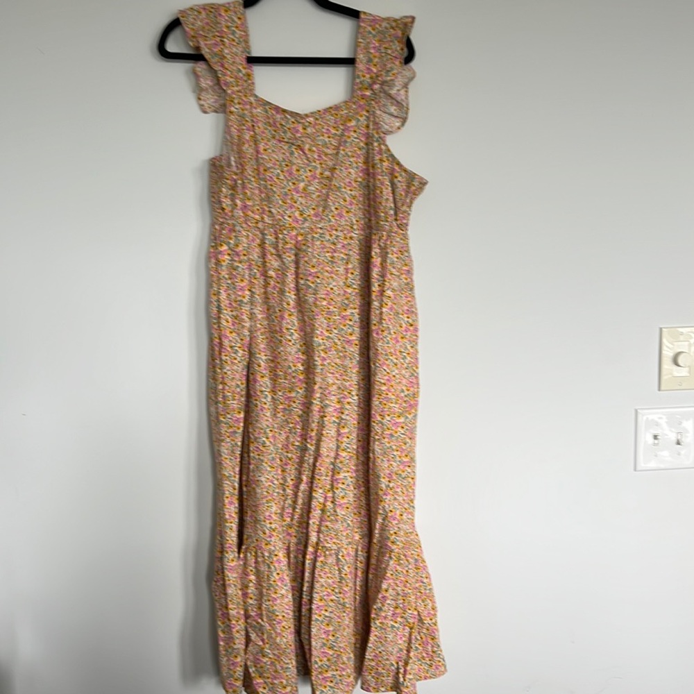 Universes thread sundress pink orangy/yellow floral. NWT. Xxl. Midi with ruffle